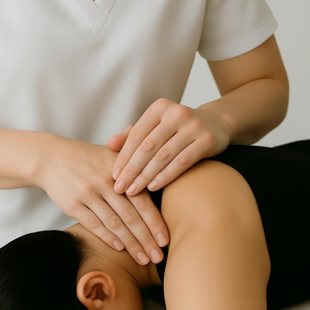 A close-up image of a female physical therapist performing manual therapy on a patient's shoulder. The photo should be zoomed in so that the therapist's face is not visible at all—focus only on the hands and shoulder, in a clinical and professional setting.