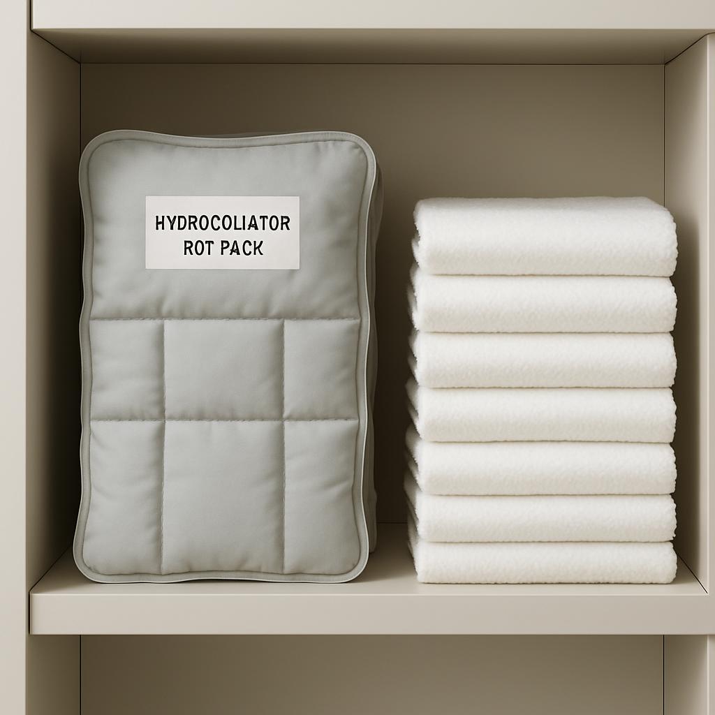 A beige shelf with a gray hydrocollator rot pack on the left side, and six identical white folded towels on the right side.