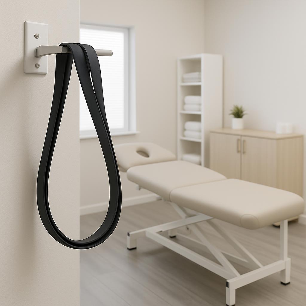 Here is the alt text for the provided image: "Up close black exercise band looped on an unidentifiable mounting hook on a ...